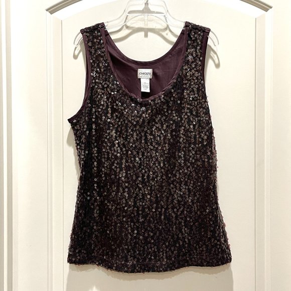 New Chico's 0 Small Dark Brown Sequin Satin Trim Sleeveless Blouse Tank Top - Picture 1 of 5